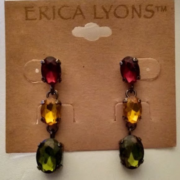 ERICA LYONS Gunmetal Citrine Yellow/Olive Green/Ruby Red Crystal Drop Earrings - Picture 2 of 5